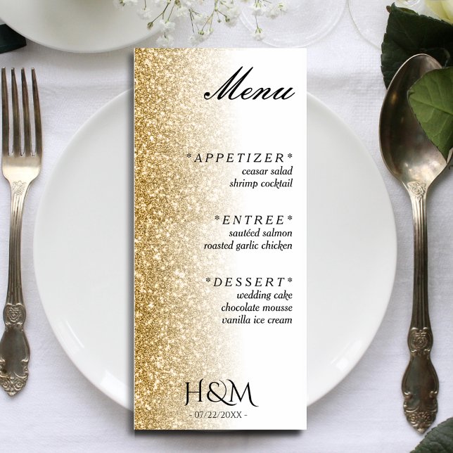 Vita och Guld Glitter, bröllopsmottagning Meny (white and gold glitter ombre wedding menu)