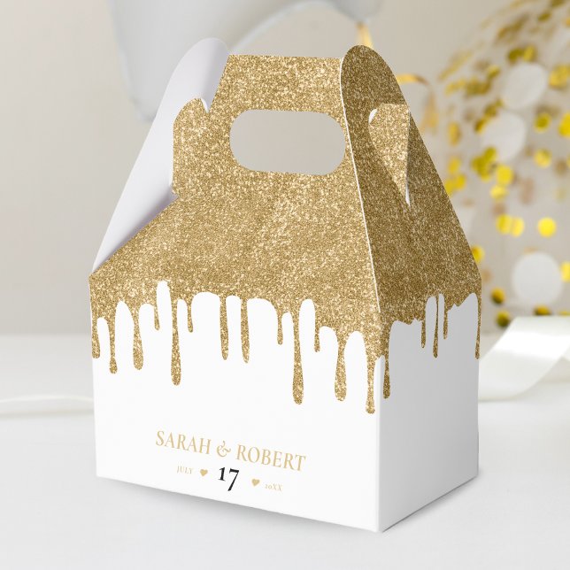 Vita och Guld Glitter-droppen Bröllop Presentaskar (White & Gold Glitter Drip Wedding Favor Box)