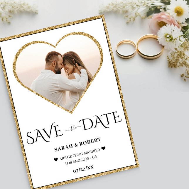 Vita och Guld Glitter Heart Photo Bröllop Spara Datumet (White & Gold Glitter Heart Photo Wedding Save The Date)
