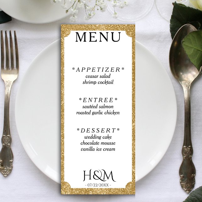 Vita och Guld Glitter-koncavasbröllop Meny (White & Gold Glitter Concave Corner Wedding Reception Menu)