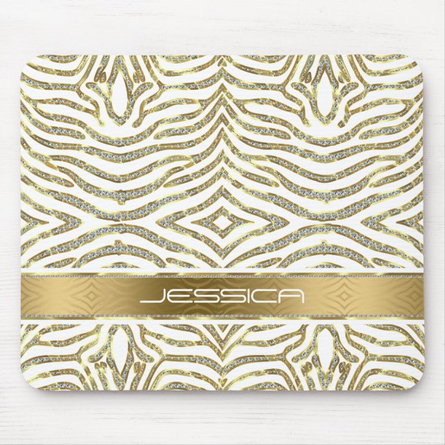 Vita och Guld Glitter med vit Zebra ränder Musmatta (Framsidan)