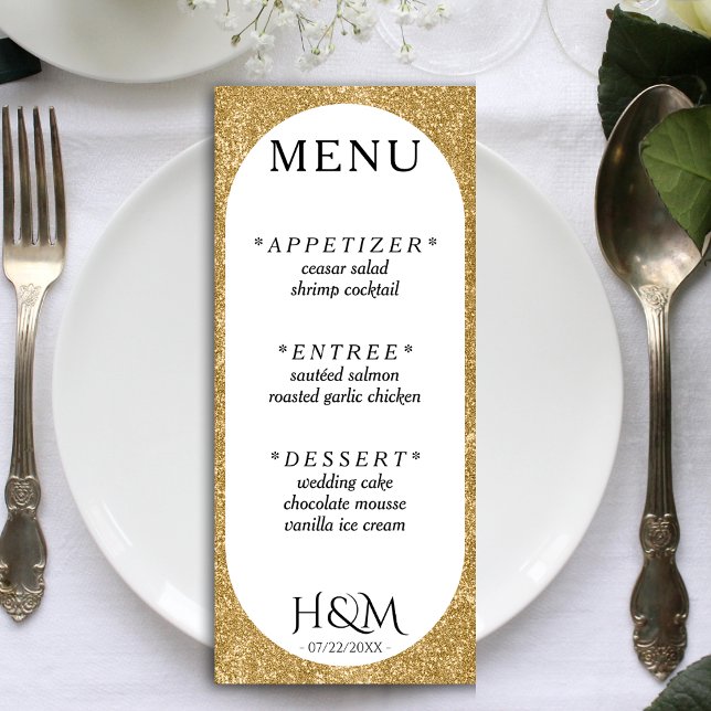 Vita och Guld Glitter Oval bröllopsmottagning Meny (White & Gold Glitter Concave Wedding Reception Menu)