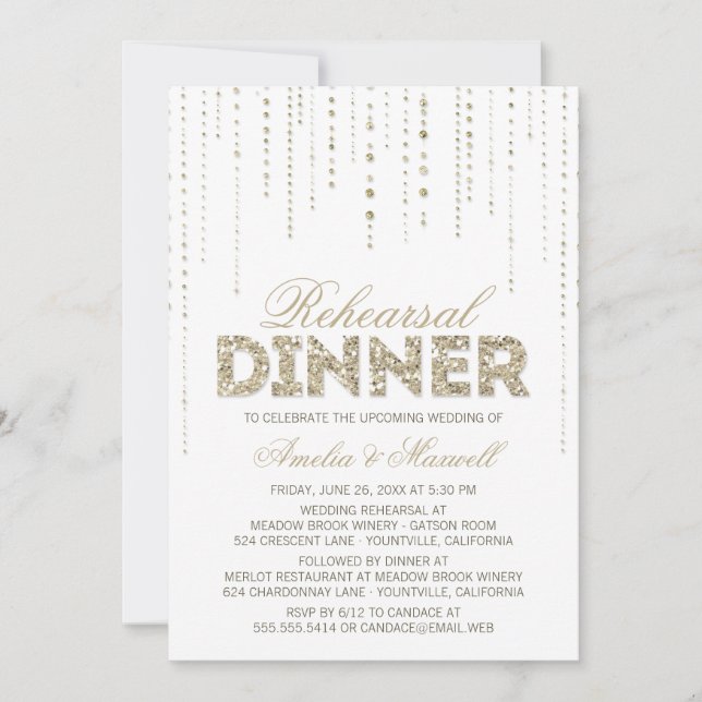 Vita och Guld Glitter: Rehearsal Dinner Inbjudan (Framsida)