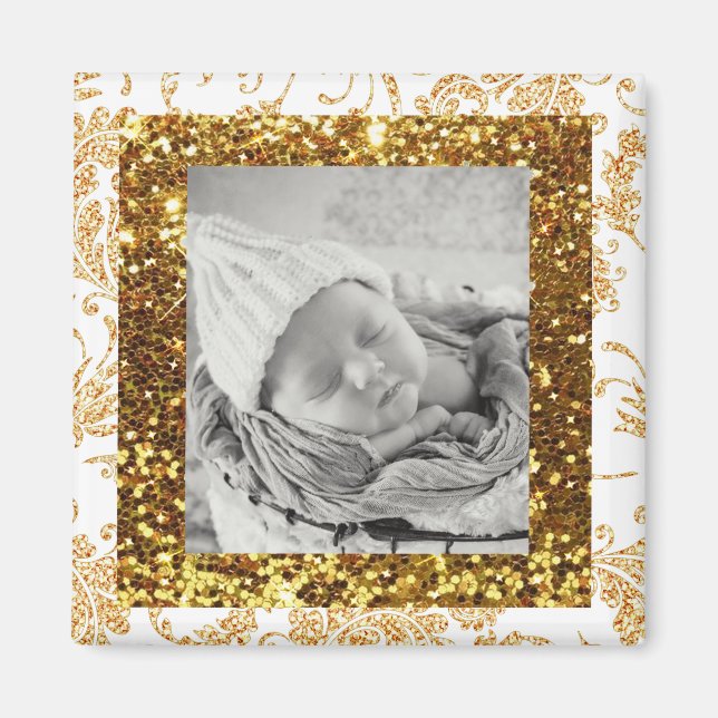 Vita och Guld glittery Baby Photo Magnet (Framsidan)