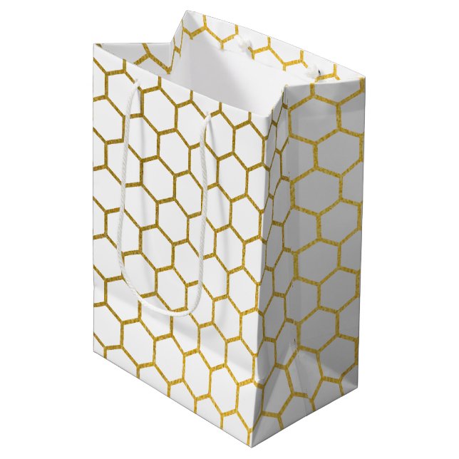 Vita och Guld Hexagon Geometric Mönster (Framsidan Vinklad)