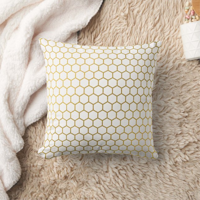Vita och Guld Hexagon Geometric Mönster Kudde (Filt)