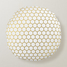 Vita och Guld Hexagon Geometric Mönster Rund Kudde