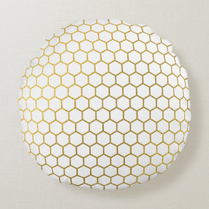 Vita och Guld Hexagon Geometric Mönster Rund Kudde