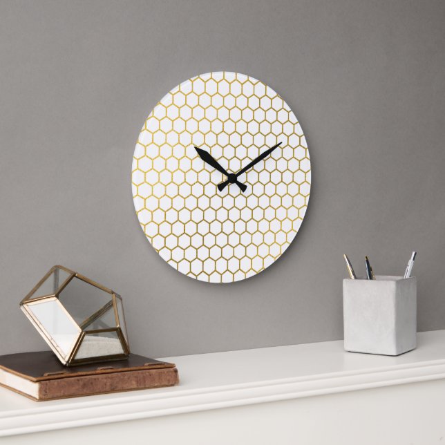 Vita och Guld Hexagon Geometric Mönster Stor Klocka (Kontor)