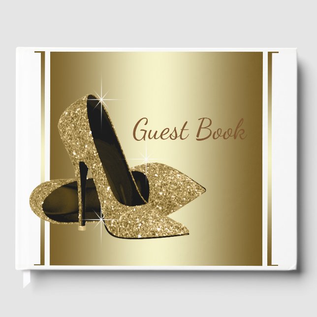 Vita och Guld High Heel Shoe Guest Bok (Framsida)
