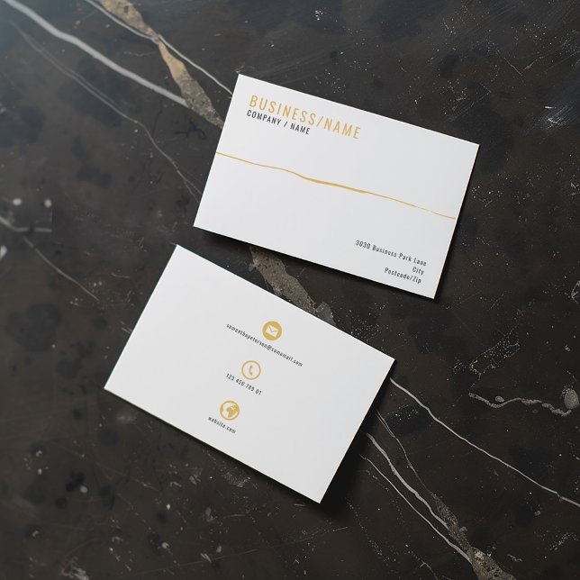 Vita och guld ikoner rand affärskort visitkort (White and gold business card. Professional business card with 3 bold and simple icons on the back.)