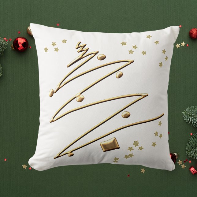 Vita och Guld Julgran Dekorativ kudde (White & Gold Christmas Tree Throw Pillow)