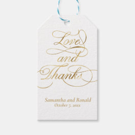 Vita och Guld Kärlek och tack Calligraphy Bröllop Presentetikett