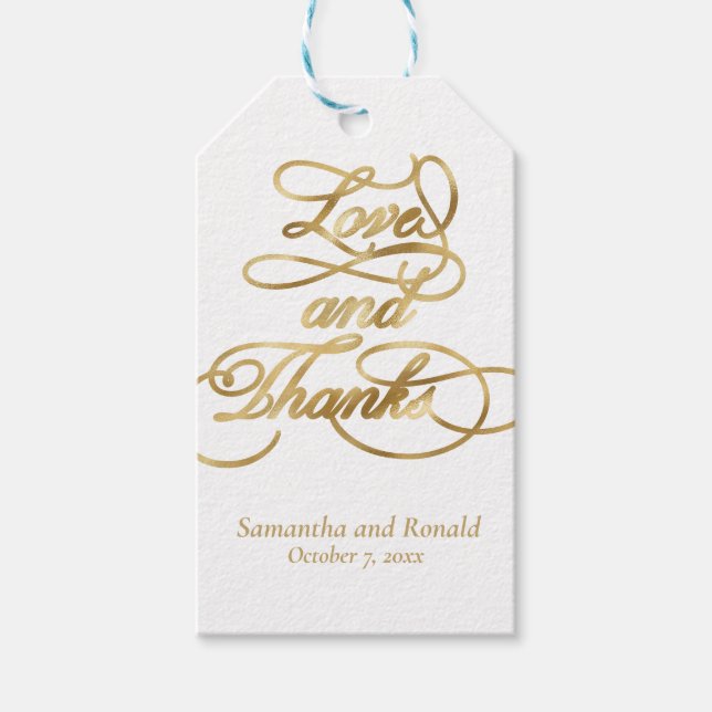Vita och Guld Kärlek och tack Calligraphy Bröllop Presentetikett (Framsidan)