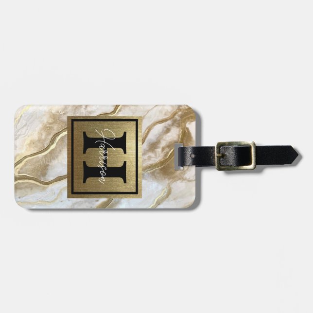 Vita och Guld Marble Monogram Namn Personlig Bagagebricka (Horisontell Framsida)