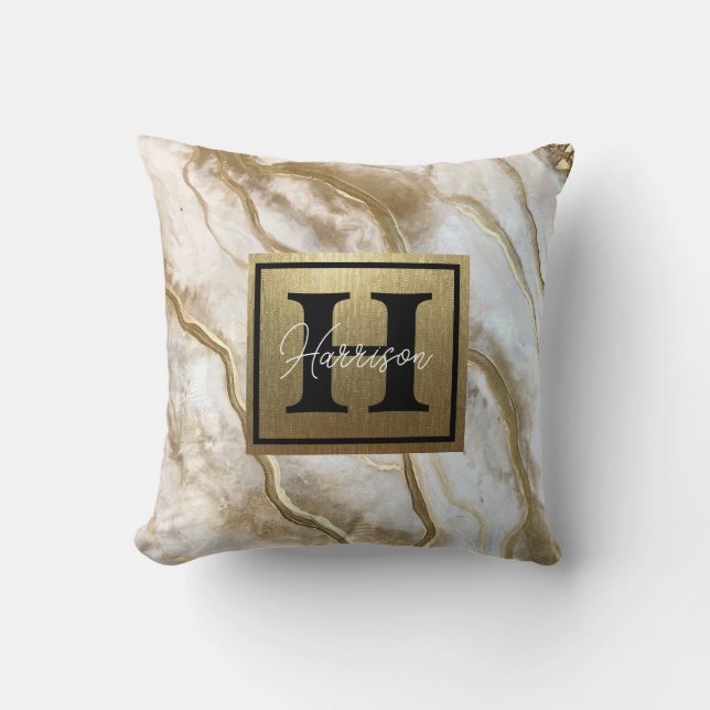 Vita och Guld Marble Monogram Namn Personlig Kudde (Framsida)