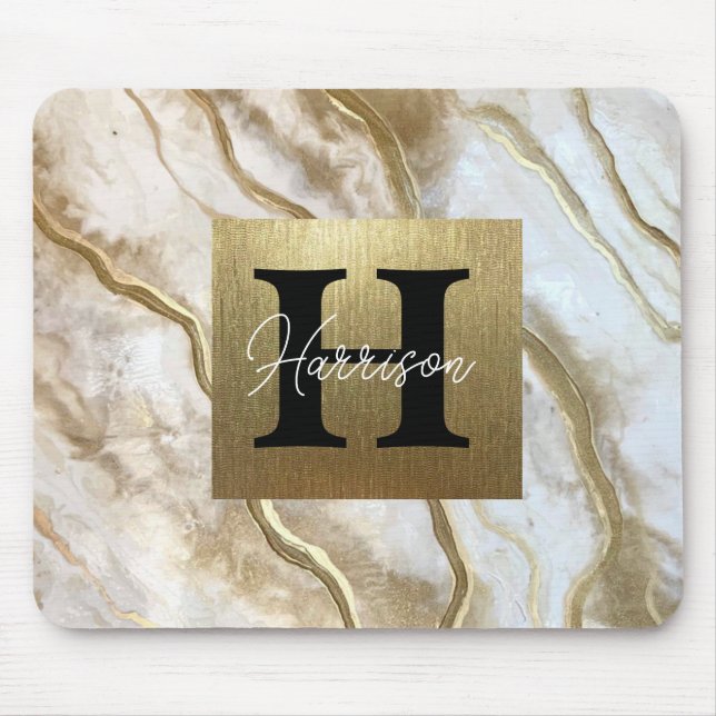Vita och Guld Marble Monogram Namn Personlig Musmatta (Framsidan)