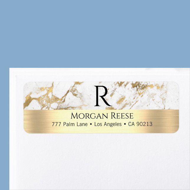 Vita och Guld Marble, Namn och Monogram Adress Returadress Etikett (Skapare uppladdad)