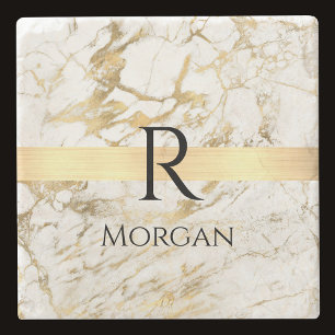 Vita och Guld Marble, Svarta Namn och Monogram Stenunderlägg