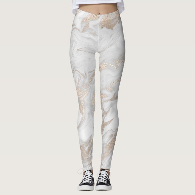 Vita och Guld marmorerade baljväxter Leggings (Framsida)
