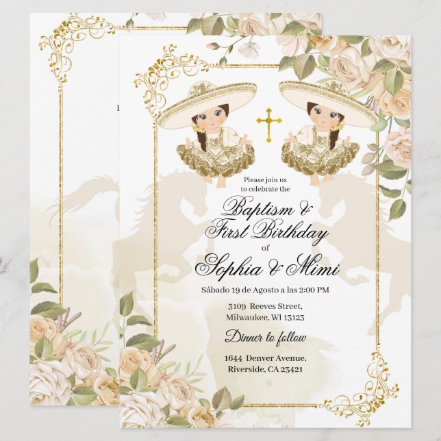 Vita och Guld mexikanska Twin Girl Baptism Inbjudningar (Fram/baksida)