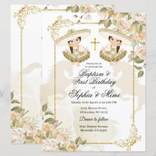 Vita och Guld mexikanska Twin Girl Baptism Inbjudningar