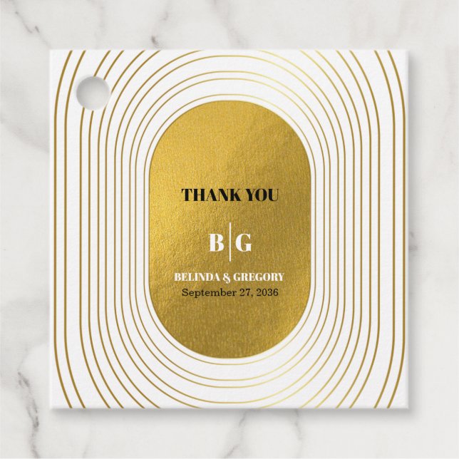 Vita och Guld moderna minimalistbåge Bröllop Gåvor Etiketter (Framsida)