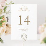 Vita och Guld Monogram Bröllop Bordsnummer<br><div class="desc">Hjälp dina gäster att hitta bord med det här eleganten monogrammat bordsnummer. Dubbla-sidiga kort. Vit och guld med fritt utrymme runt om i ge kan du fritt använda en bord eller ram. Attraktiva handdragna botaniska vapensköldar i faux-guld folie. Du kan ändra text storlekt, stil eller position genom att välja Redigera...</div>