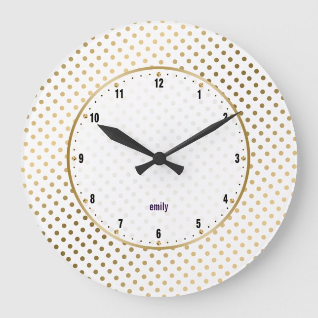Vita och Guld Polka dots Mönster Stor Klocka (Framsida)
