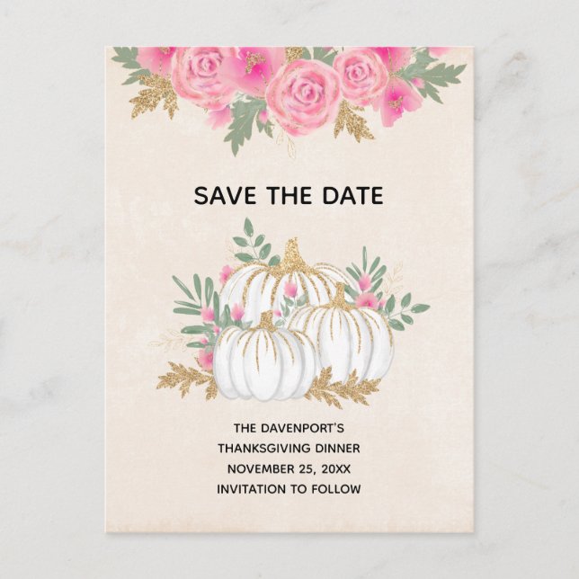 Vita och guld pumpafärgat akvarell Spara datum Inbjudan Vykort (Framsida)