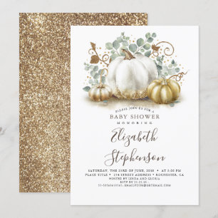Vita och Guld Pumpkins Fall Baby Shower Inbjudningar