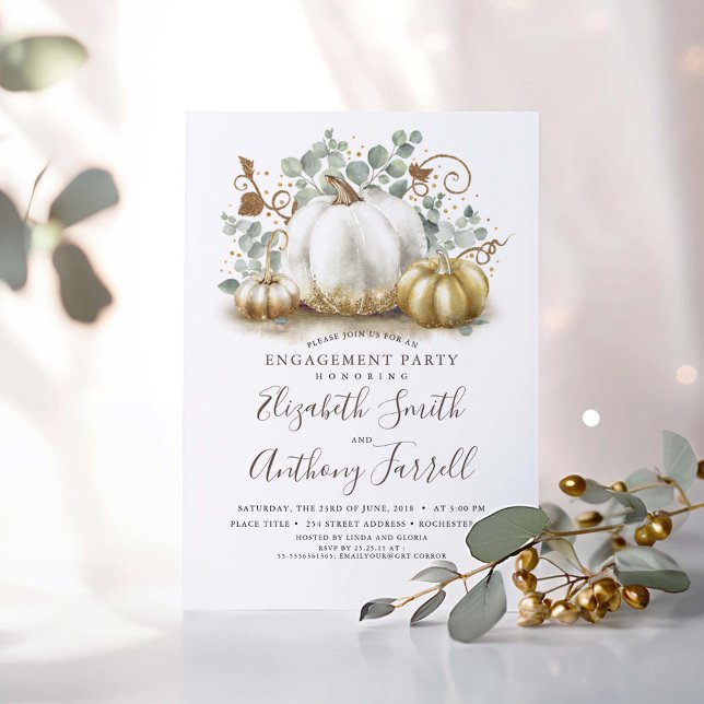 Vita och Guld Pumpkins Fall Förlovningsfest Inbjudningar (Eucalyptus Greenery and Pumpkins Fall Engagement Party Invitations)