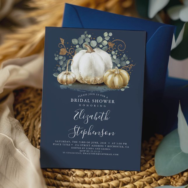 Vita och Guld Pumpkins Fall-Möhippa-inbjudan Inbjudningar (Pumpkins Navy Blue Fall Bridal Shower Invitation)