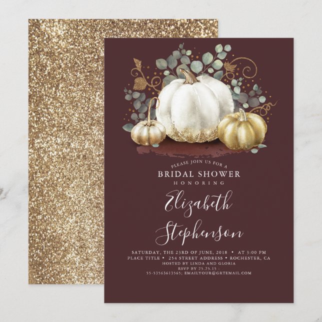 Vita och Guld Pumpkins Fall Möhippa Inbjudningar (Fram/baksida)