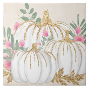 Vita och Guld Pumpkins Watercolor Kakelplatta