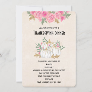 Vita och Guld Pumpkins Watercolor Thanksgiving Inbjudningar
