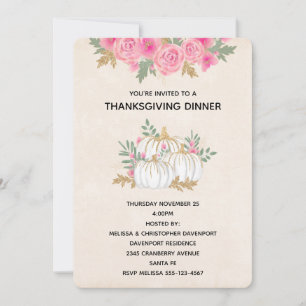 Vita och Guld Pumpkins Watercolor Thanksgiving Inbjudningar