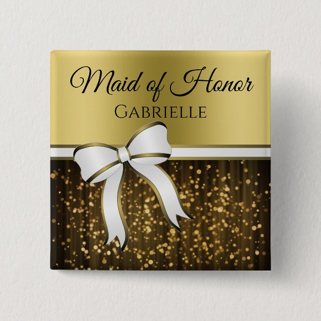 Vita och Guld Ribbon Bröllop Maid of honor Namn br Knapp (Framsida)