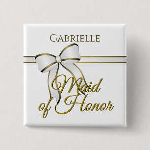 Vita och Guld Ribbon Bröllop Maid of honor Namn br Knapp
