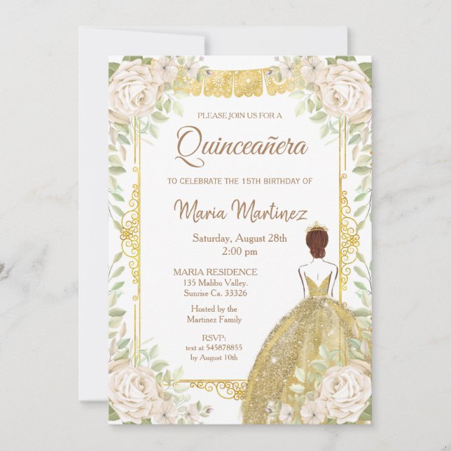 Vita och Guld Ro Quinceanera Birthday Inbjudningar (Framsida)