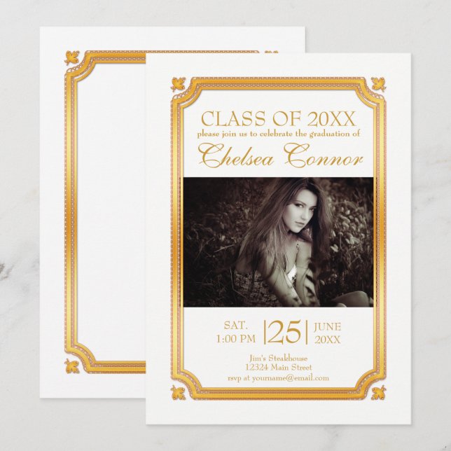Vita och Guld 🎓 Studenten Inbjudningar (Fram/baksida)
