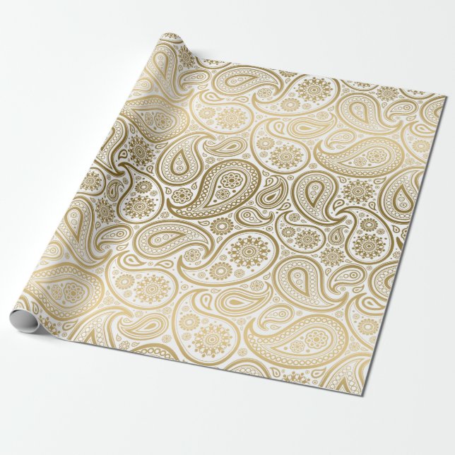 Vita och Guld Vintage Paisley Mönster Presentpapper (Utrullad)
