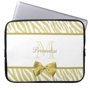 Vita och Guld Zebra tryck med Namn Laptop Sleeve