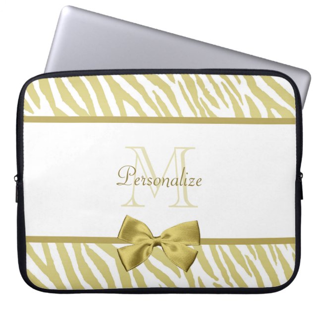 Vita och Guld Zebra tryck med Namn Laptop Sleeve (Framsidan)