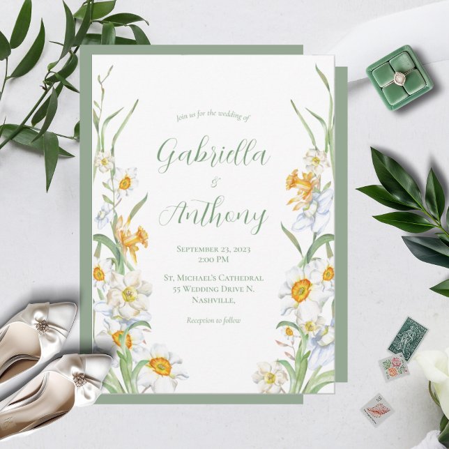 Vita och Gult Daffodil Blommigt Bröllopsinbjudning Inbjudningar (Skapare uppladdad)