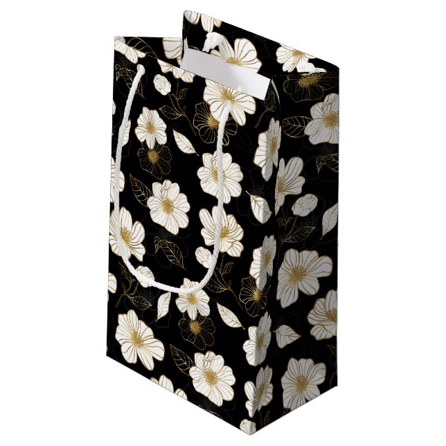 Vita och gyllene blommor på svart (Baksidan Vinklad)