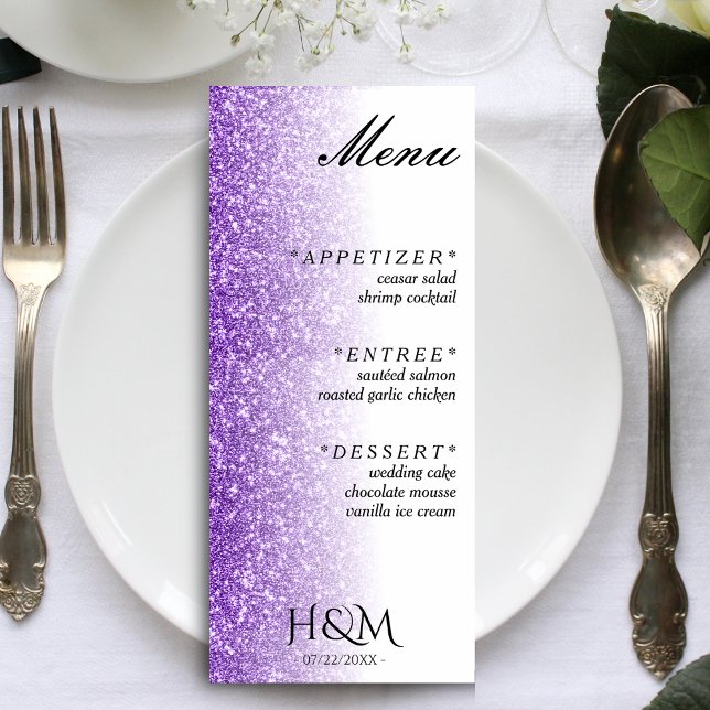 Vita och Lila Glitter - bröllopsmottagning Meny (White & Purple Glitter Dinner Wedding Reception Menu)