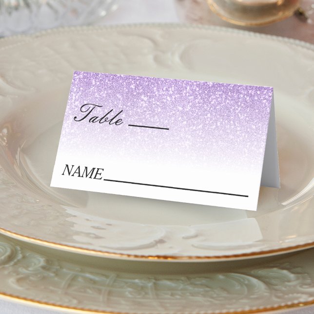 Vita och Lila Glitter Ombre Bröllop Placeringskort (White & Purple Glitter Ombre Wedding Place Card)