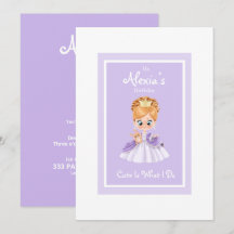 Vita och lila lilla prinsessans födelsedag invitat