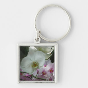 Vita och Lila Orchids Fyrkantig Silverfärgad Nyckelring